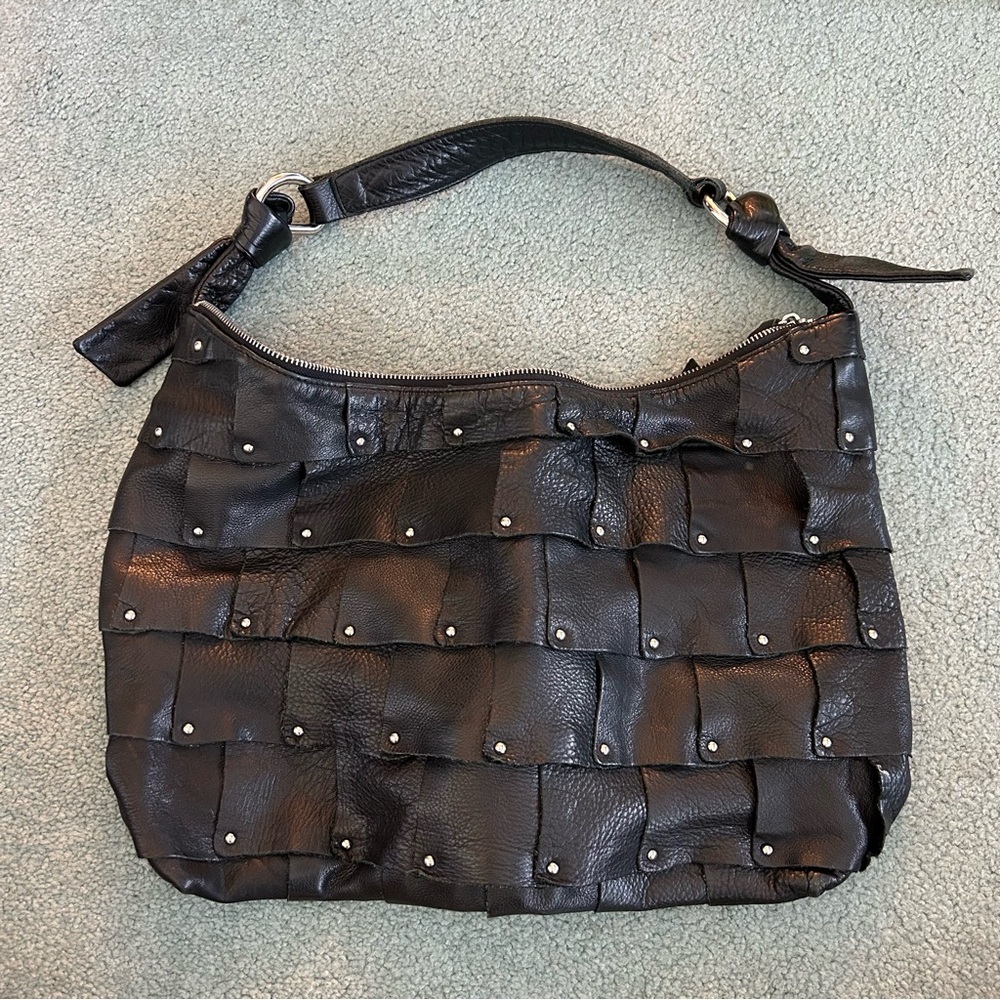 B. Makowsky Black Woven Leather Stud Hobo Bag
